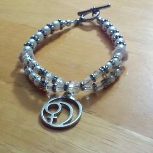 Bracelet Pearls and Silver Beads Unworn 7 1/2" Long with Charm Cross In Circle